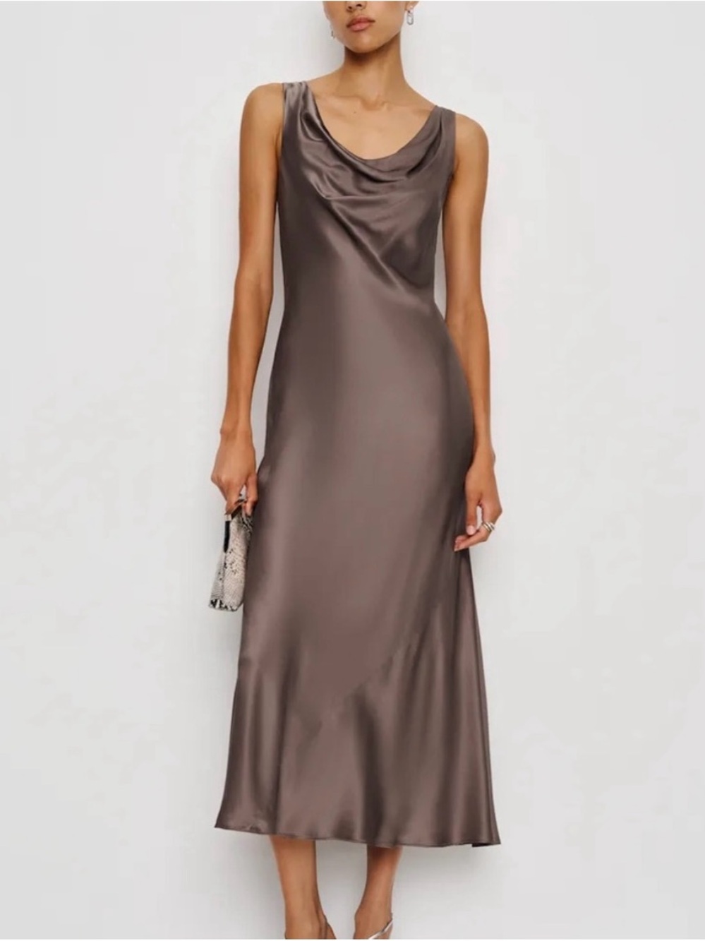 Reformation Satin Cowl Midi Dress in Taupe Brown